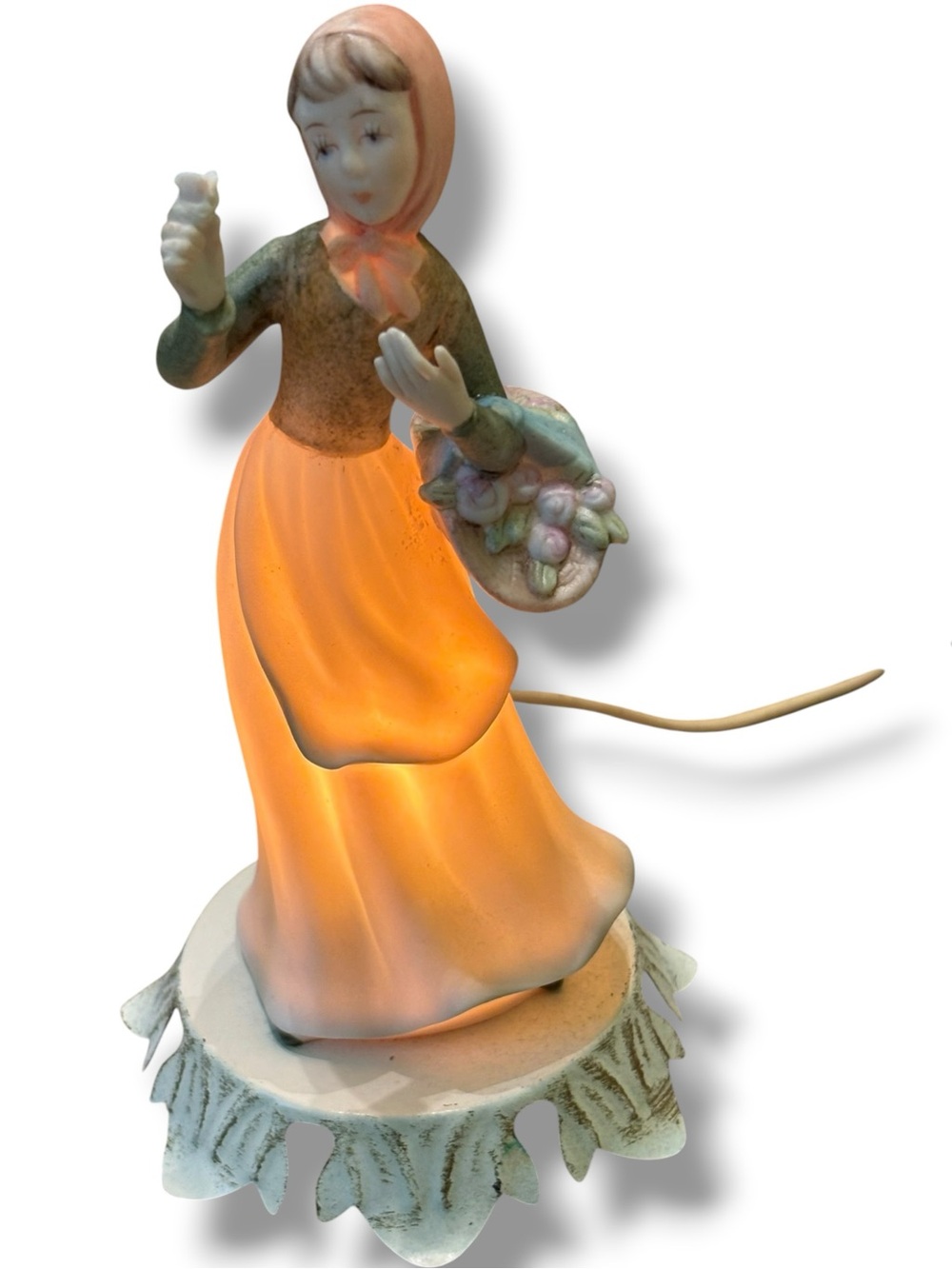 Vintage Aladdin Giftware Porcelain Girl Bird Basket Lamp Night Light Accent Lamp